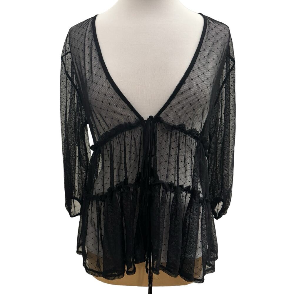 Zara S Black Sheer Swiss Dot Peplum Tie Front Blouse Fairy Grunge Goth